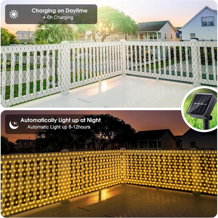 Сонячна сітка-ліхтарик 3x2 м 200 LED для вулиці, тепле біле світло, гірлянда на кущі з пультом, таймером, 8 режимів, для саду, Хелловіну, весілля