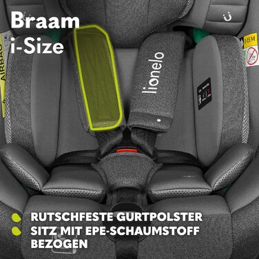 Дитяче автокрісло LIONELO BRAAM i-Size 0-36 кг, 360° обертання, ISOFIX, опора, регульовані підголівник і спинка, сіра вставка