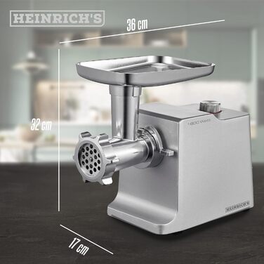 Електрична м'ясорубка HEINRICHS 1800 Вт, з насадками для ковбас і кеббе, 3 решітки, металевий редуктор, продуктивність 2 кг/хв