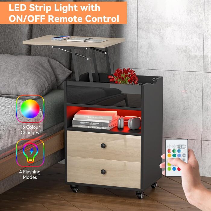 Функціональний приліжковий стіл PIPIPOXER з LED-підсвіткою, розеткою та USB, на колесах, регульований комп'ютерний стіл для ноутбука з 2 шухлядами