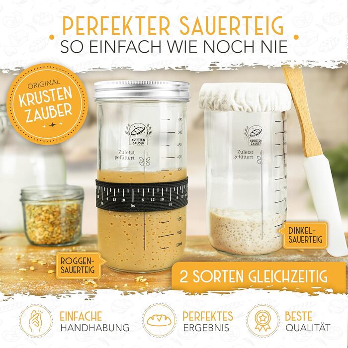 Набір для закваски Krustenzauber: 1000 мл скляний посуд для бродіння з лопаткою та термометром - аксесуари для випікання хліба, скляна тара для закваски, ферментація, набір для закваски Sourdough Starter Kit
