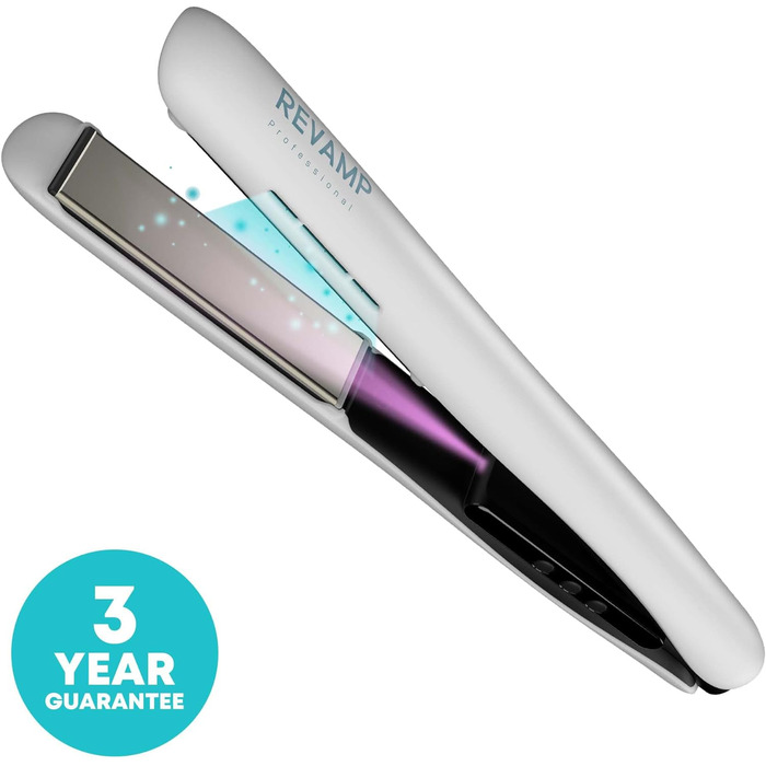 Керамічний випрямляч для волосся Revamp Progloss Ion Shine з іонною технологією, інфрачервоним нагрівом, збагачений кератином, аргановою та кокосовою олією, регулювання температури, білий