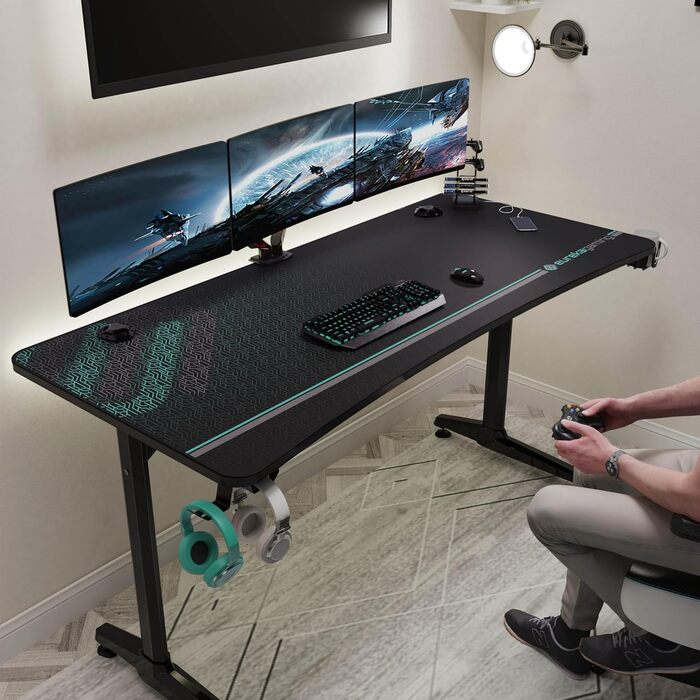 Ігровий стіл EUREKA ERGONOMIC 152x70 см - великий комп'ютерний стіл для геймерів з підставкою для навушників та тримачем для напоїв, чорний