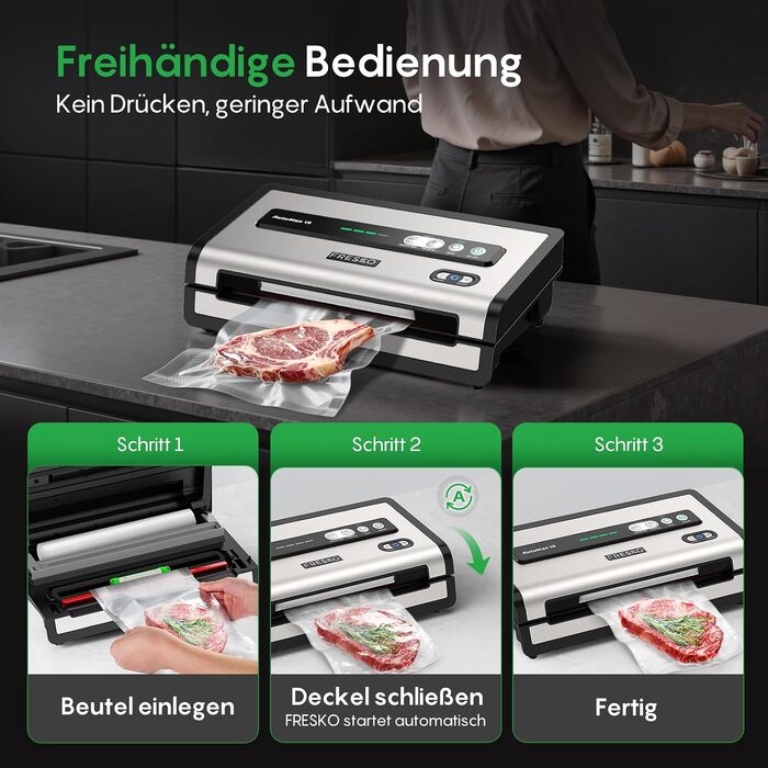 Вакууматор FRESKO AutoMax для продуктів, 140 Вт, 18 л/хв, з вбудованим різаком для пакетів, сріблястий