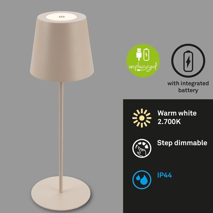 BRILONER бездротова LED настільна лампа з димером, сенсорним керуванням, акумуляторна, регульована по висоті, нічник, лампа для читання, кемпінгу та вулиці, 36x10,5 см, бежева