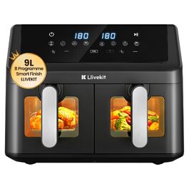 Аерофритюрниця LLIVEKIT 9L з двома камерами (2x4.5L), 8 програм, 4D конвекція, функція Sync-Finish, енергоощадна, PFOA-free, чорна