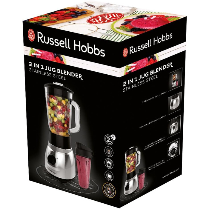 Блендер стаціонарний Russell Hobbs 2-в-1 зі скляною чашею 1.5л та міні-блендером для смузі 0.6л - подрібнювач льоду, BPA-free, нержавіюча сталь 23821-56
