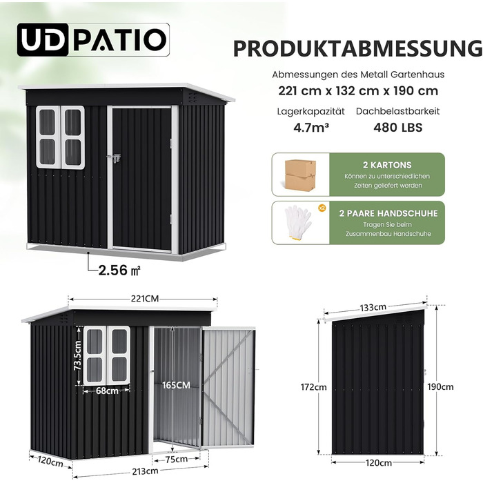 Металевий садовий будинок UDPATIO 222x132x190 см з вікном, дверима з замком та вентиляцією, гараж для велосипедів з похилим дахом, сарай для інструментів, водонепроникний, темно-сірий