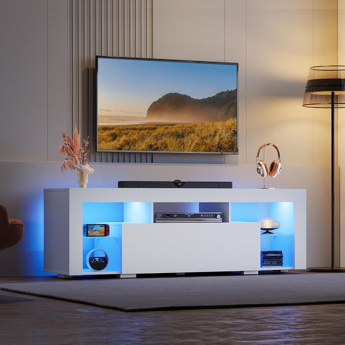 Тумба під телевізор WLIVE з LED підсвіткою, для ТВ до 70 дюймів, біла, 135x35x45 см - низька тумба для вітальні з полицями та 2 шухлядами