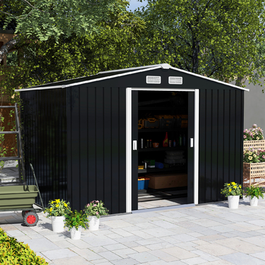 Outsunny Garden Shed Садовий сарай Садовий сарай з підлоговим каркасом і розсувними дверима Атмосферостійка сталь Вугільний сірий 277 x 195 x 192 см