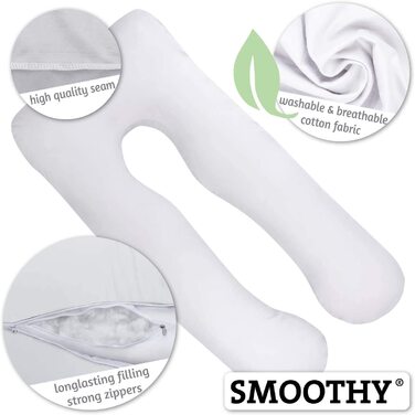 Подушка для вагітних та годування SMOOTHY XXL U-подібна, 150x80 см, знімний чохол 100% бавовна, біла
