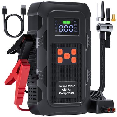 Пусковий інвертор Povasee 6000A з компресором 150 PSI та Powerbank, бустер для авто 12V з електричним насосом та ліхтариком (Помаранчевий/Чорний)