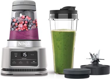 Блендер Ninja Foodi Power Nutri Mixer 2-в-1, 1100Вт, автоматичні програми, для смузі, густих сумішей і заморожених напоїв, 700 мл стакан, 400 мл чаша з потужним мішалкою, сріблястий, модель CB100EU