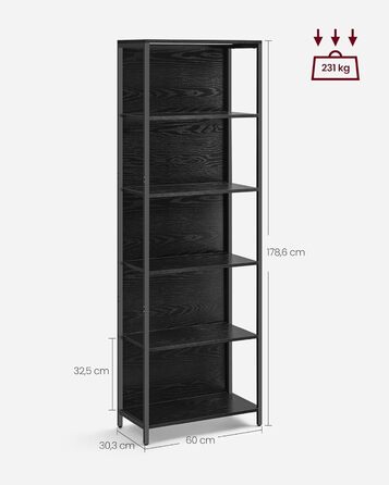 VASAGLE книжкова шафа з 6 полицями, стелаж зі сталевим каркасом, регульоване LED-підсвічування, 30,3×60×178,6 см, для вітальні, спальні, кабінету, чорне ебенове дерево