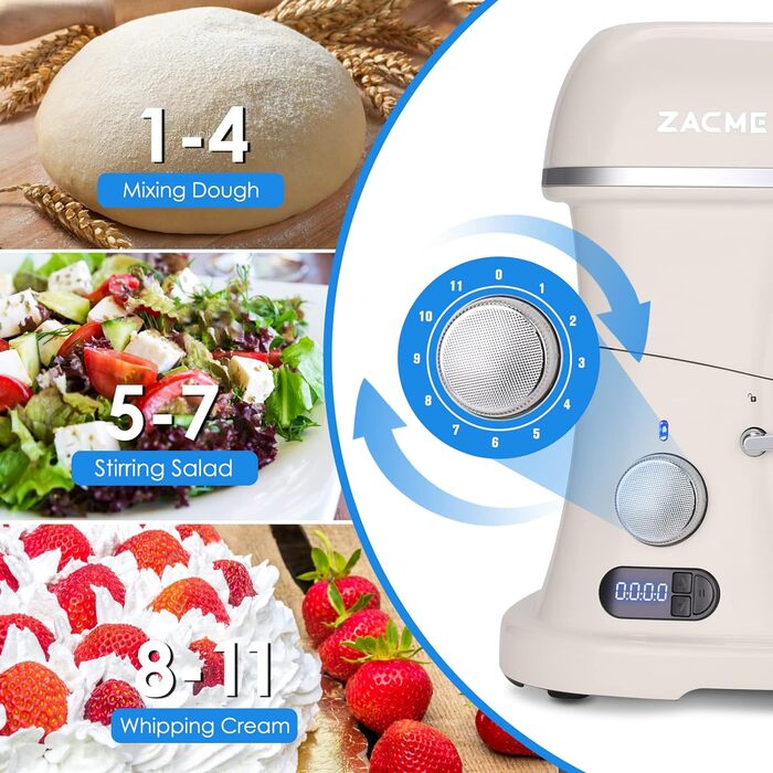 Кухонний комбайн-міксер ZACME Profi 1500W: планетарний міксер з чашею з нержавіючої сталі 7л, LED-дисплеєм, 11 швидкостями та набором насадок