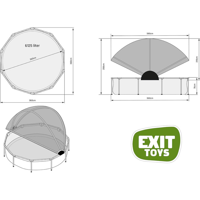 Басейн EXIT TOYS Black Wood круглий 360x76 см із сонцезахисним навісом, картриджним фільтром, міцною рамою, унікальним дизайном, чорний