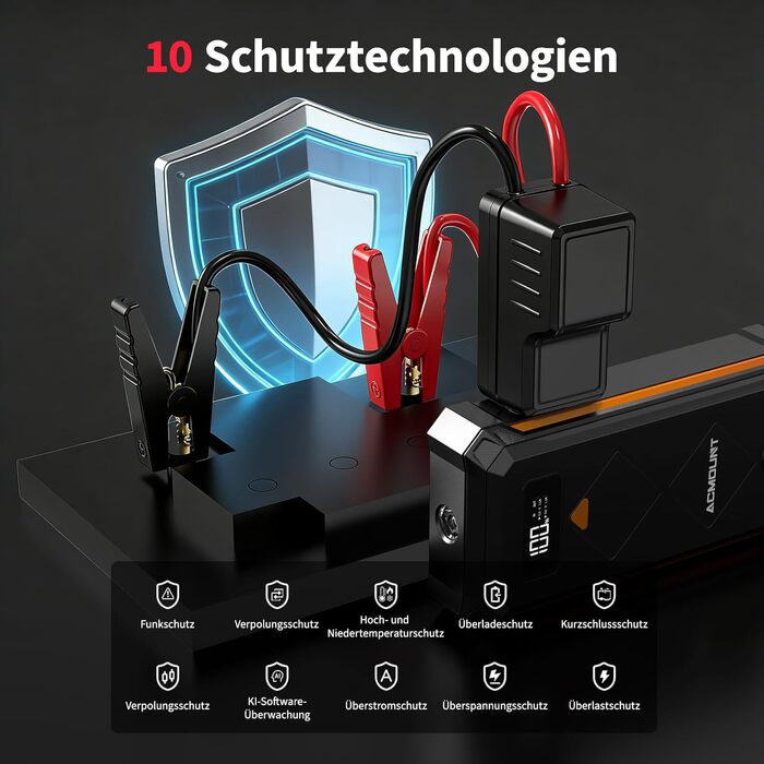 Бустерний пускач Acmount P110 7000A Powerbank для авто (12л бензин/10л дизель) з LED-ліхтарем, компасом та молотком для PKW, SUV, мотоциклів, газонокосарок, помаранчевий