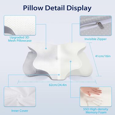 Подушка для шиї та голови HOMCA з Memory Foam, ергономічна, 3D охолодження, 62x41x11/13 см, сіра