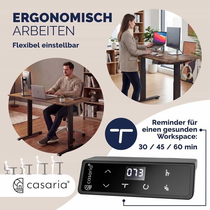 Ергономічний електричний стіл Casaria® з регулюванням висоти, бездротовою зарядкою, USB-C/A, LCD-дисплеєм, пам'яттю, вантажопідйомністю 80 кг (вінтажний коричневий, 120x60 см)