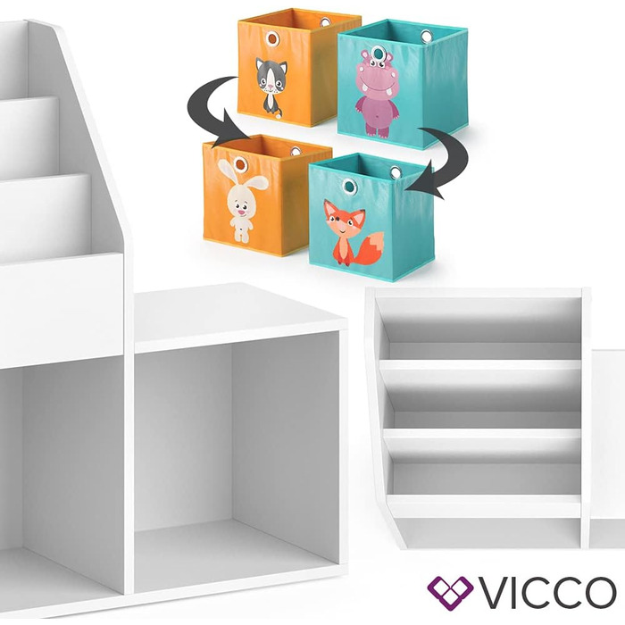 Дитяча книжкова полиця Vicco Luigi, біла, 72x79 см, з 2 складними коробами, малюнок Лисиця/Заєць
