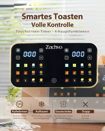 Тостер нержавіюча сталь на 4 тости з сенсорним дисплеєм та LED-таймером, 2 зони підсмажування, широкі слоти для хліба та бубликів, 6 програм, решітка для булочок та тримач для сендвічів