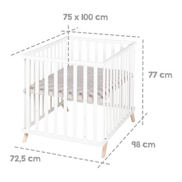 Дитячий манеж roba 75x100 см, з матрацом, сірий, дерев'яний, 3-рівневе регулювання, сертифікати GOTS та Oeko-Tex 100