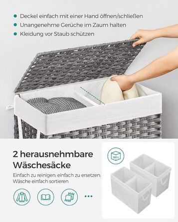 Кошик для білизни SONGMICS 130 л з кришкою, 2 секції, ручки, знімний мішок, плетений, сірий, 33x66x60 см, для спальні та ванної