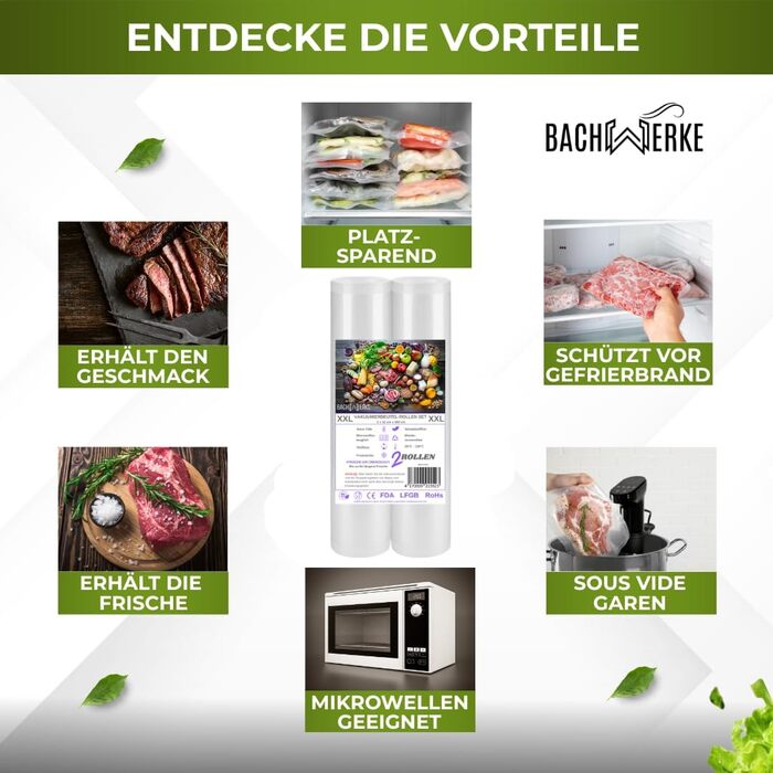 Вакууматор для продуктів BACHWERKE з шириною шва 32 см, вакуумний пакувальник з запасним різаком, рулоном плівки та 10 пакетами XXL