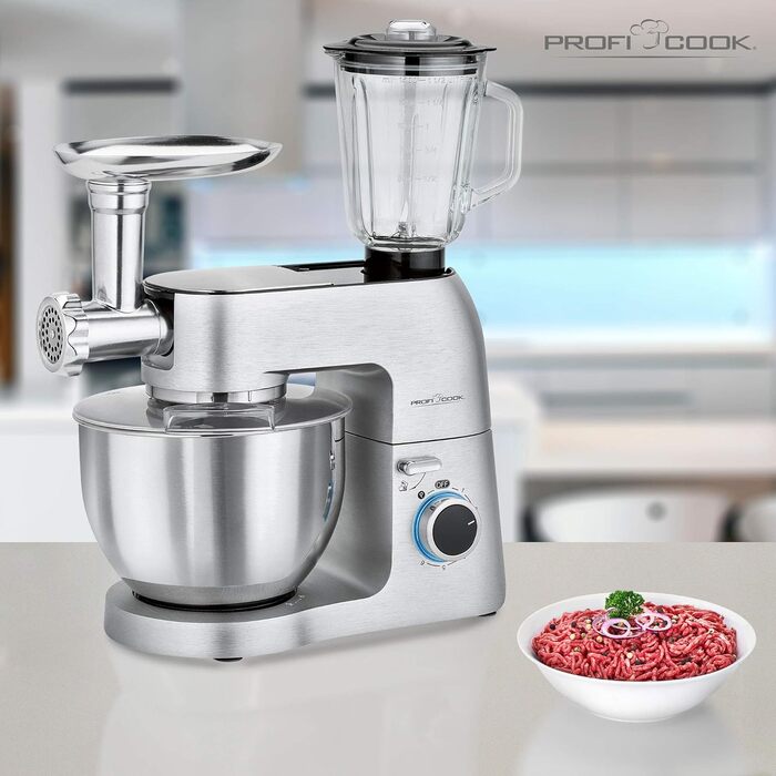 Планетарний міксер ProfiCook PC-KM 1189 3в1, м’ясорубка, міксер, алюмінієвий корпус, 1500 Вт, 8 швидкостей, 6,7 л, сріблястий