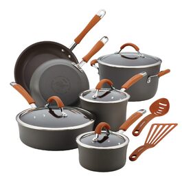 Набір посуду Rachael Ray Cucina 12 предметів, сірий з помаранчевими ручками, антипригарне покриття, підходить для посудомийної машини