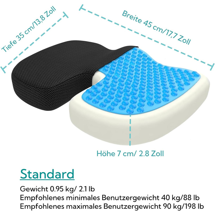 Подушка ортопедична для сидіння Bonmedico з Memory Foam Gel: для офісного крісла, авто, візка - чорна сітка (Стандарт), 45x35x7 см, до 90 кг