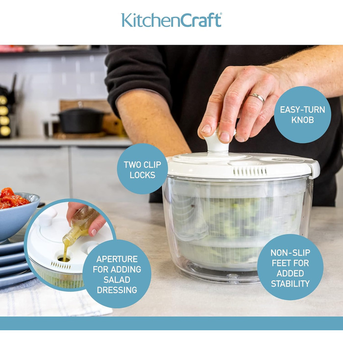 Міні-салатниця-центрифуга KitchenCraft, універсальна, 19 см – для миття та сушіння салату, овочів, компактна, пластикова