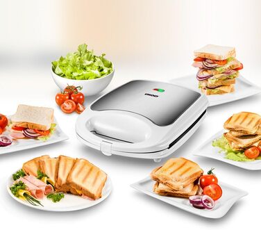 Сендвічниця Unold 48480 Quadro, 4 тости, антипригарне покриття, автоматична терморегуляція, 1100 Вт, теплоізольовані ручки, білий/нержавійка
