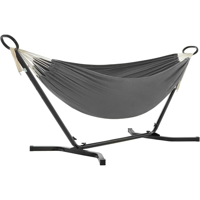 Гамак SONGMICS 210x150 см, металева стійка, регульована висота, до 240 кг, для саду, чорна рама і сіра тканина
