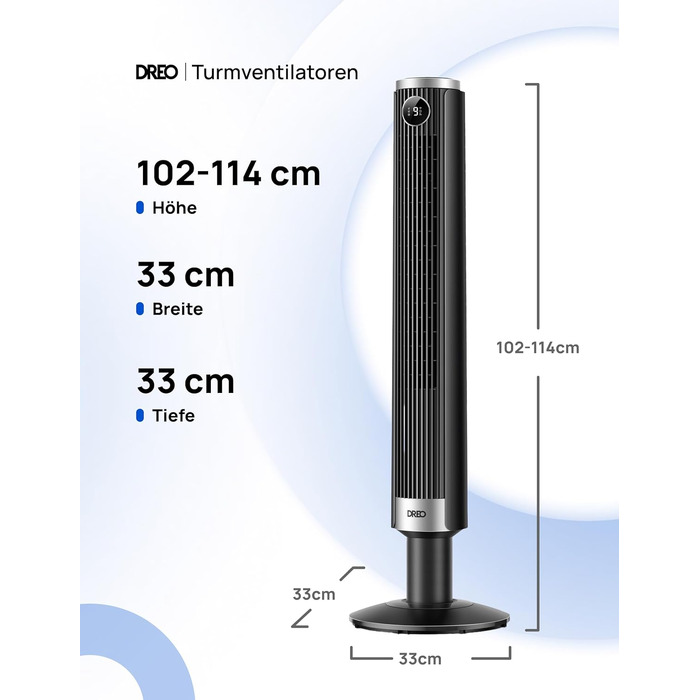 DREO Smart Tower Fan 102-114 см - Вежний вентилятор з пультом, 9 режимів, 4 режими, 90° осциляція, 12 год таймер, DC мотор, надтихий (20 дБ), для дому та офісу, чорний