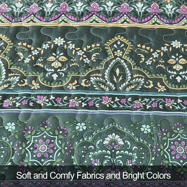 Покривало WONGS BEDDING 200x220 см, стьобане, 3 предмети, мікрофібра, зелений, з 2 наволочками 50x75, для двоспального ліжка та дивана, Boho стиль