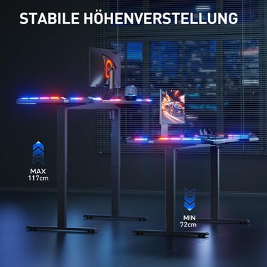 Електричний стіл для геймінгу HLONONE 120x60 см з LED, регульований по висоті, з карбоновою поверхнею та пам'яттю функцій, чорний