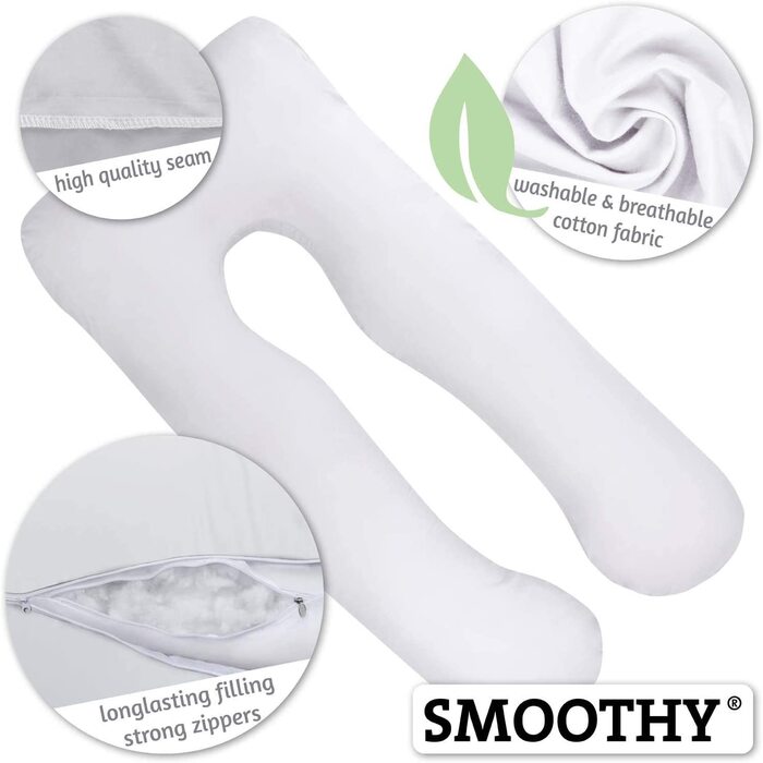 Подушка для вагітних та годування SMOOTHY XXL U-подібна, 150x80 см, знімний чохол 100% бавовна, біла