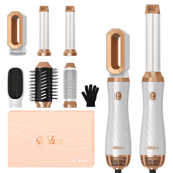 UKLISS Hairstyler 6 в 1: Професійний фен-щітка з насадками для укладки волосся 1000 Вт, повітряна щітка, мультистайлер, білий (золотий)