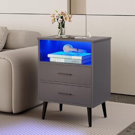 Сучасна тумба приліжкова LVSOMT з LED-підсвіткою, 2 шухляди, USB та Type-C зарядка, чорна, для спальні та вітальні