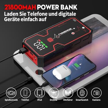 Бустер автозапуску FNNEMGE 9000A 26800mAh для бензинових та дизельних двигунів до 10.0L, пусковий пристрій Powerbank 12V з Quick Charge 3.0 та LED-ліхтарем
