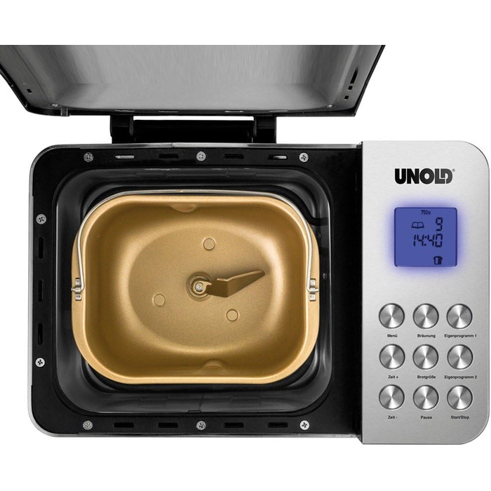 Хлібопіч Unold Backmeister Edel 68456, 550 Вт, 750-1000 г, керамічне покриття, 16 програм, для хліба, джему, тіста, LCD-дисплей, нерж. сталь