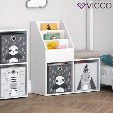 Дитяча книжкова полиця Vicco Luigi, біла, 72x79 см, з 2 текстильними коробками Panda/Tiger