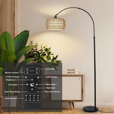 Торшер Rayofly з ротангу для вітальні, чорний, з LED-лампою, дистанційним керуванням та подвійним абажуром, Boho стиль, E27, керування через додаток