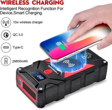 Бустер автозапуску FNNEMGE 9000A 26800mAh для бензинових та дизельних двигунів до 10.0л, пусковий пристрій Powerbank 12V з Quick Charge 3.0 та LED-ліхтарем