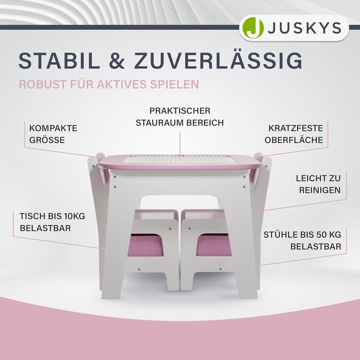 Дитяча стільниця Juskys Milou - комплект з 2 стільців та столу - дерев'яний дитячий столик з місцем для зберігання, стільниця для малювання (рожева)