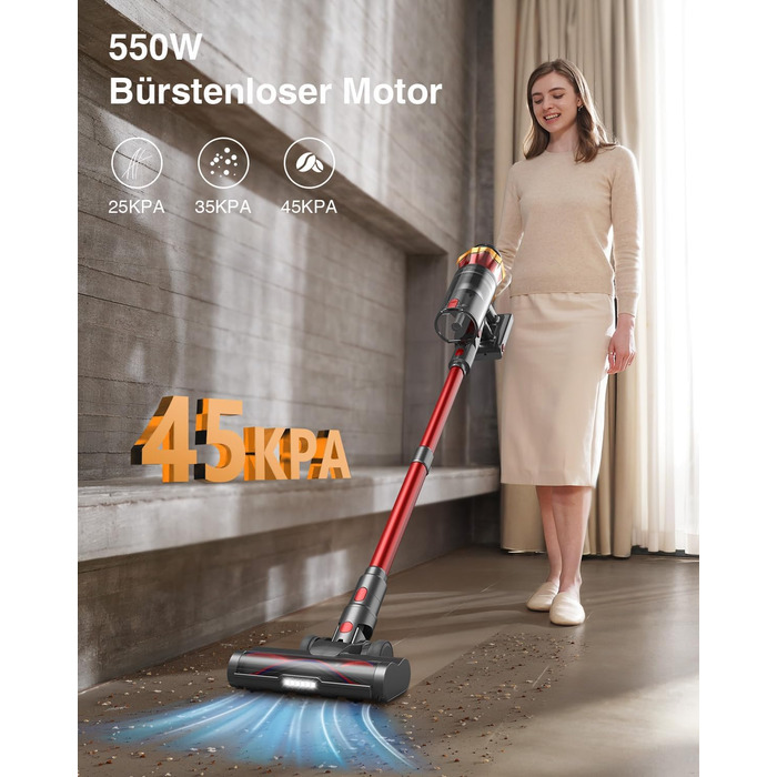 Бездротовий акумуляторний пилосос 45000Pa/550W/65хв, об'єм 1,6л з дисплеєм, антизаплутана щітка, самостійна підставка, док-станція на стіну, 8-шарова фільтрація, тиха робота, для шерсті тварин/килимів/твердих поверхонь/автомобіля (Червоний)