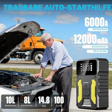 Пусковий інвертор (бустер) для авто з компресором 6000А, портативний Jump Starter Powerbank з LED-ліхтарем та дисплеєм, жовтий