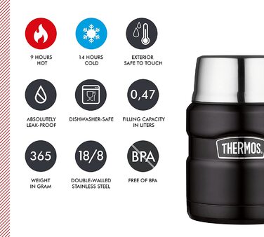 Термос для їжі Thermos STAINLESS KING 470 мл, чорний матовий, з ложкою, нержавіюча сталь, зберігає тепло 6 годин/холод 24 години, герметичний, для супу, мюслі, підходить для посудомийної машини