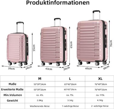 Набір дорожніх валіз BEIBYE на подвійних колесах, жорсткий корпус, колір Rose Gold, розмір M
